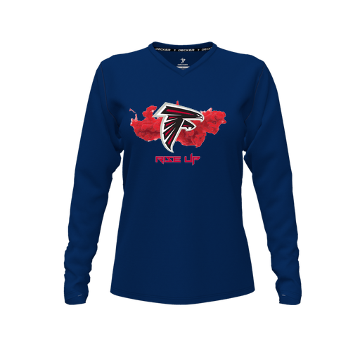 [CUS-DFW-TEES-CMF-VNK-LSL-NVY-FYXS-LOGO2] Decker Comfort T-Shirt (Female Youth XS, Navy, V Neck, Logo 2, Long Sleeve)