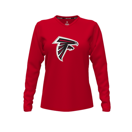 [CUS-DFW-TEES-CMF-VNK-LSL-RED-FYXS-LOGO1] Comfort T-Shirt (Female Youth XS, Red, V Neck, Logo 1, Long Sleeve)