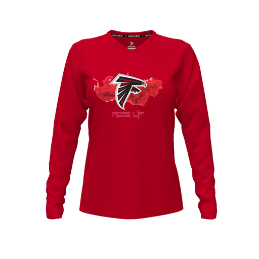 [CUS-DFW-TEES-CMF-VNK-LSL-RED-FYXS-LOGO2] Comfort T-Shirt (Female Youth XS, Red, V Neck, Logo 2, Long Sleeve)