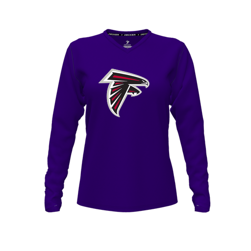 [CUS-DFW-TEES-CMF-VNK-LSL-PUR-FYXS-LOGO1] Decker Comfort T-Shirt (Female Youth XS, Purple, V Neck, Logo 1, Long Sleeve)